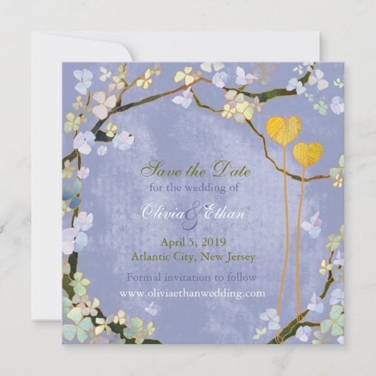 Zwei Herzen rustikale blaue Hochzeit speichern das Save The Date (Vorderseite)