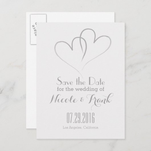 Zwei Herzen verflochten Save the Date - Silber Ankündigungspostkarte (Vorne/Hinten)