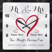 Zwei Herzen werden zu einem Mr. und Mrs. Wedding G Quadratische Wanduhr