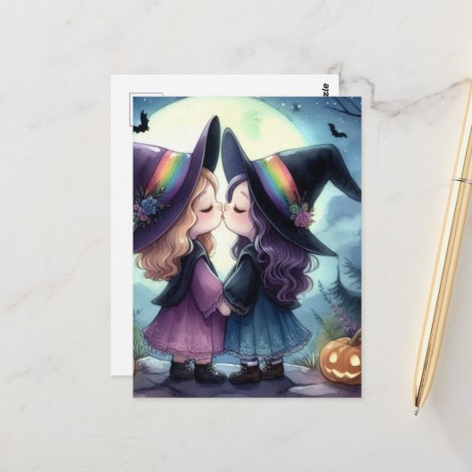 Zwei Hexen Kiss Pride Serie WasserfarbenHalloween Postkarte (Vorderseite/Rückseite Beispiel)