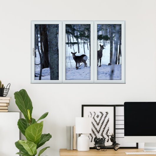 Zwei Hirsche im Holzfenster mit einem Poster-View Poster (Heimbüro)