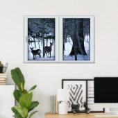Zwei Hirsche im Winterfenster mit Aussichtspopster Poster (Heimbüro)