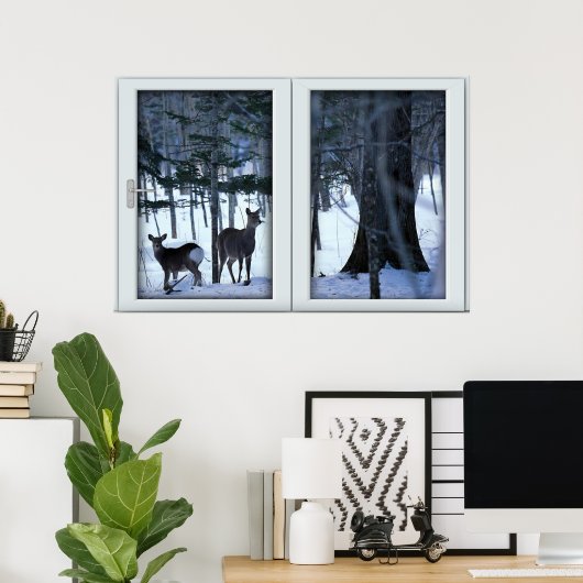 Zwei Hirsche im Winterfenster mit Aussichtspopster Poster (Heimbüro)