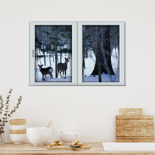 Zwei Hirsche im Winterfenster mit Aussichtspopster Poster (Küche)