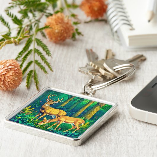 Zwei Hirsche in einem grünen Wald Schlüsselanhänger (Seite)