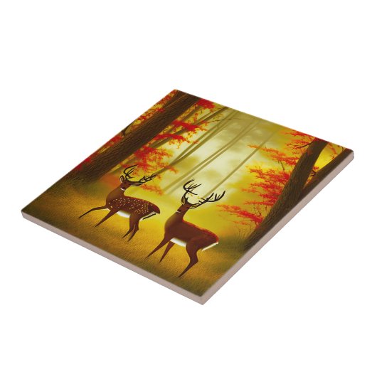 Zwei Hirsche in einem Herbstwald / Wald Fliese (Seite)