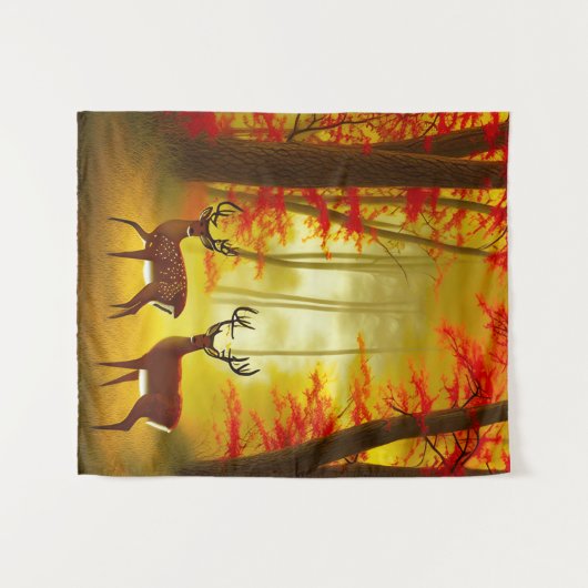 Zwei Hirsche in einem Herbstwald / Wald Wandteppich (Vorderseite (Horizontal))