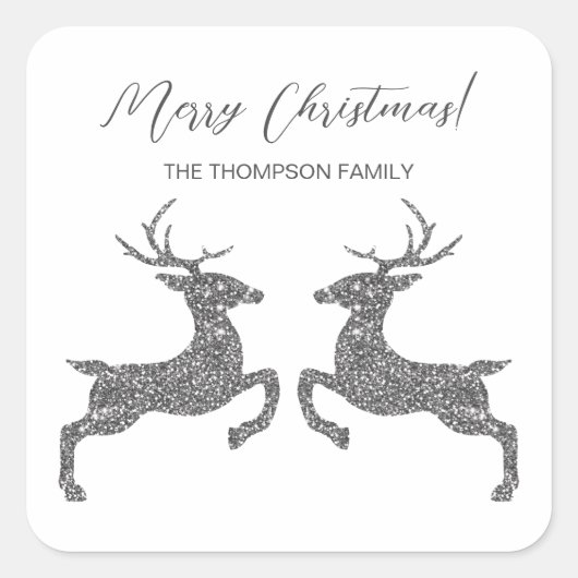 Zwei Hirsche in Imitaten Silber Glitzer mit benutz Quadratischer Aufkleber (Vorderseite)