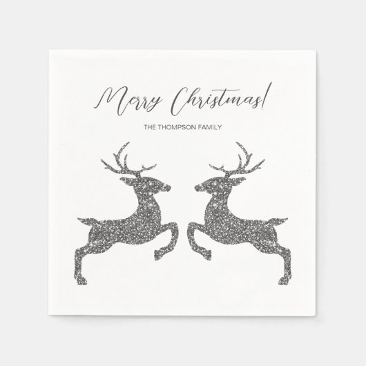 Zwei Hirsche in Imitaten Silber Glitzer mit benutz Serviette (Vorderseite)
