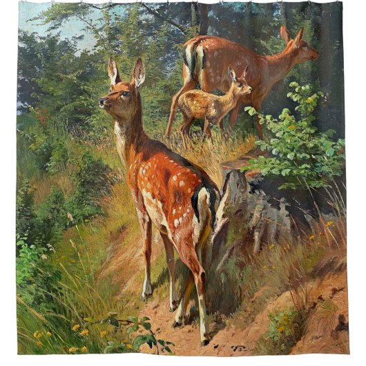 Zwei Hirsche und Niedliche Tiere im Wald Duschvorhang (Vorderseite)