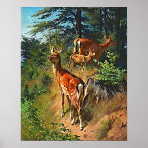 Zwei Hirsche und Niedliche Tiere im Wald Poster