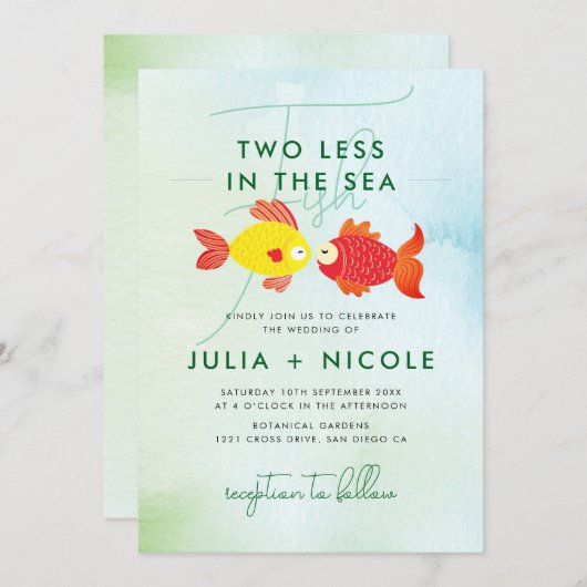 Zwei Hochzeiten mit weniger Fisch in blauem Meer Einladung (Vorne/Hinten)