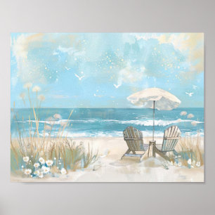 zwei Holzstühle und ein Sonnenschirm am Strand Poster
