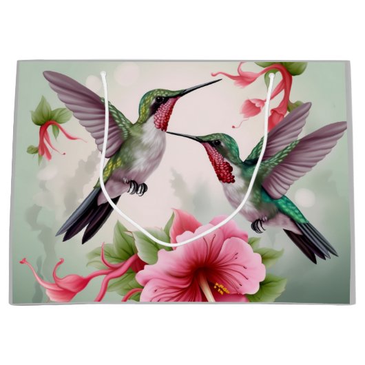 Zwei Hummingvögel mit rosa Hibiskus Blume Große Geschenktüte (Vorderseite)