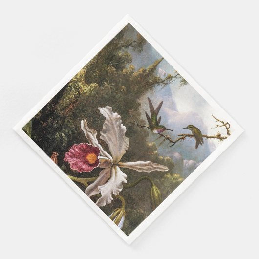 Zwei Hummingvögel über einer weißen Orchidee Serviette (Ecke)