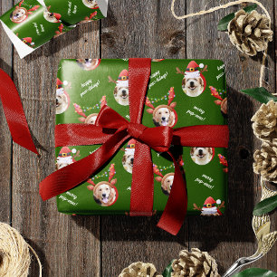 Zwei Hunde Foto Reindeer Frohe Weihnachten Grün Geschenkpapier