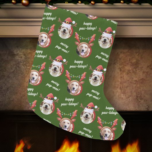 Zwei Hunde Foto Reindeer Frohe Weihnachten Grün Großer Weihnachtsstrumpf