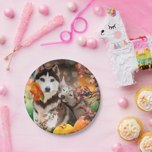 Zwei Husky Hunde, Gartenkarren und Kürbis Pappteller (Party)