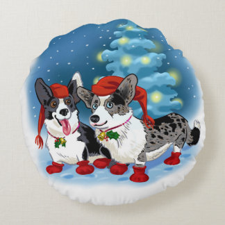 Zwei in einem Corgi Weihnachten Rundes Kissen