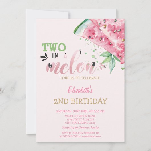 Zwei in einem Melon Wassermelonen Rosa 2. Geburtst Einladung (Vorderseite)