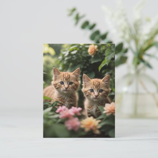 Zwei Ingwer Kätzchen entdecken einen üppigen Garte Postkarte (Stehend Vorderseite)