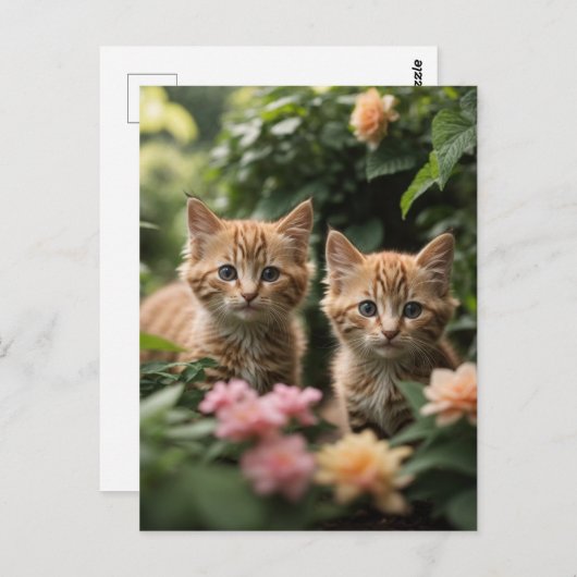 Zwei Ingwer Kätzchen entdecken einen üppigen Garte Postkarte (Vorne/Hinten)