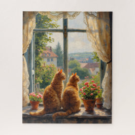 Zwei Ingwerkatzen schauen aus einem Fenster   Puzzle