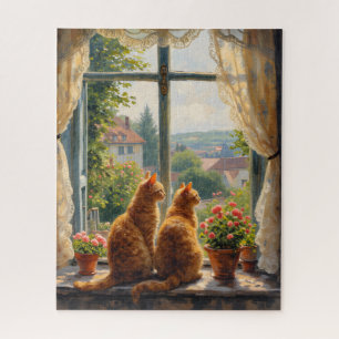 Zwei Ingwerkatzen schauen aus einem Fenster Puzzle