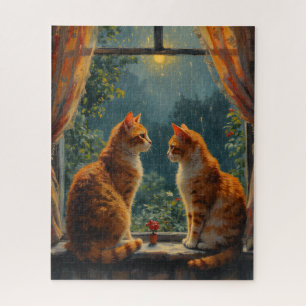 Zwei Ingwerkatzen sitzen vor einem Fenster Puzzle