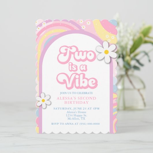Zwei ist Vibe Groovy, Retro Girl Pastel Colors Einladung (Stehend Vorderseite)