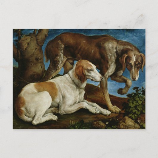 Zwei Jagdhunde an einen Baumstumpf gebunden, c.154 Postkarte (Vorderseite)