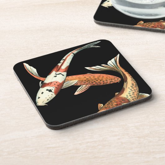 Zwei japanische Koi Goldfish auf schwarzem Hinterg Getränkeuntersetzer (Linke Seite)