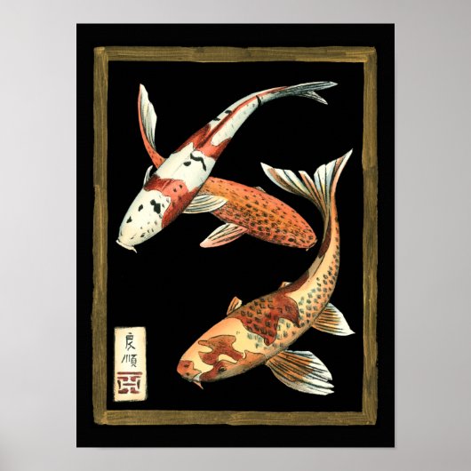 Zwei japanische Koi Goldfish auf schwarzem Hinterg Poster (Vorne)