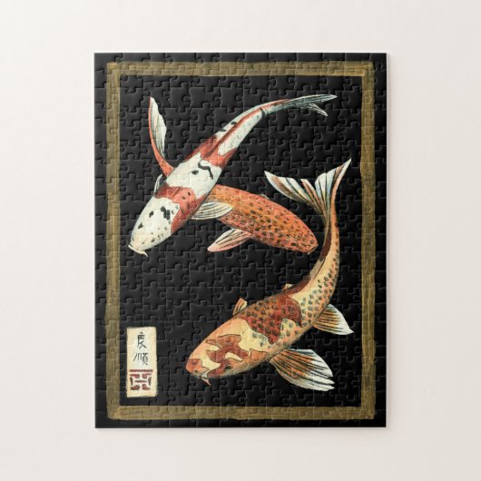 Zwei japanische Koi Goldfish auf schwarzem Hinterg Puzzle (Vertikal)