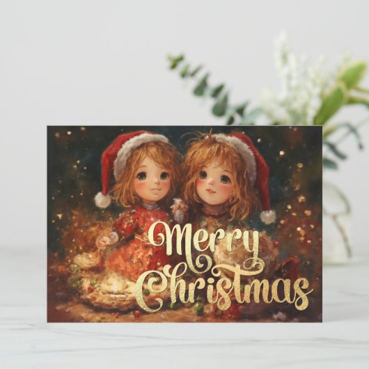 Zwei junge Mädchen feiern Weihnachten Karte (Stehend Vorderseite)