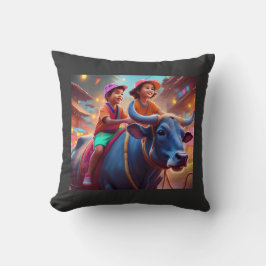 Zwei junge philippinische Kinder reiten in der Fam Kissen