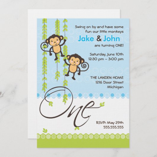 ZWEI Jungen Einladung zum ersten Geburtstag (Vorne/Hinten)