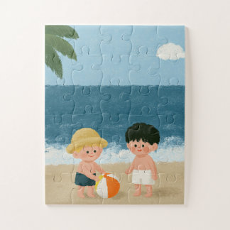 Zwei Jungen spielen am Meer mit einem Strandball Puzzle