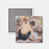 Zwei Jungs am Ufer, Pekka Halonen Magnet (Vorderseite/Rückseite)