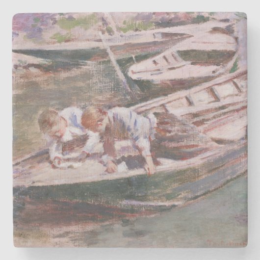 Zwei Jungs in einem Boot (von Theodore Robinson) Steinuntersetzer (Vorderseite)