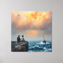 Zwei Jungs schauen ein Boot auf See Leinwanddruck