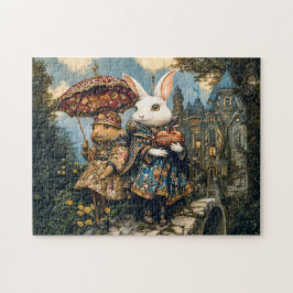 Zwei Kaninchen auf einer Burgbrücke in Fantasy-Sze Puzzle