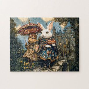 Zwei Kaninchen auf einer Burgbrücke in Fantasy-Sze Puzzle