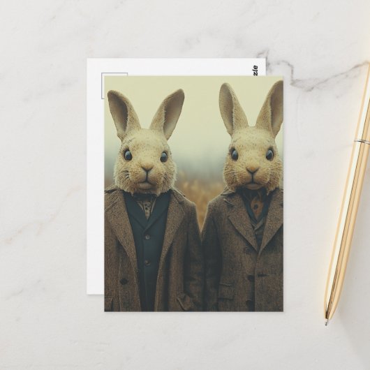 Zwei Kaninchen in Anzügen in einem Foggy Field Postkarte (Vorderseite/Rückseite Beispiel)