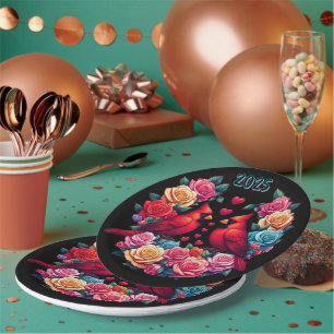 Zwei Kardinäle mit farbenfrohen Rose und Herz Pappteller