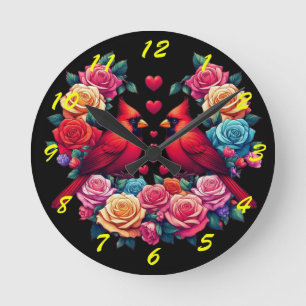 Zwei Kardinäle mit farbenfrohen Rose und Herz Runde Wanduhr