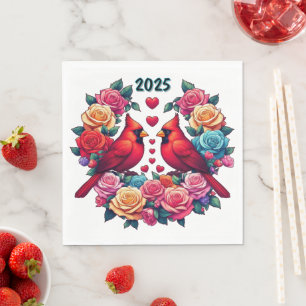 Zwei Kardinäle mit farbenfrohen Rose und Herz Serviette