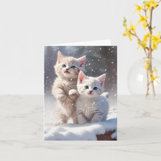 Zwei Kätzchen blaue Augen spielen Schneefallergie Karte (Gelbe Blume)