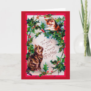 Zwei Kätzchen und Weihnachtsholly Karte