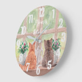 Zwei Katzen am Fenster Landschaftliche Blume Große Wanduhr (Winkel)